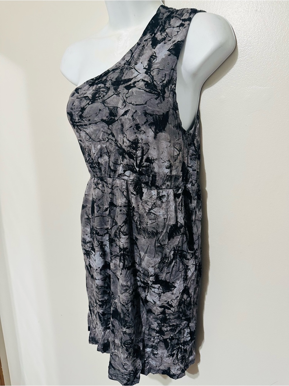 Mudd Gray Black Tie‑Dye One‑Shoulder Dress Size M Boho Casual Style